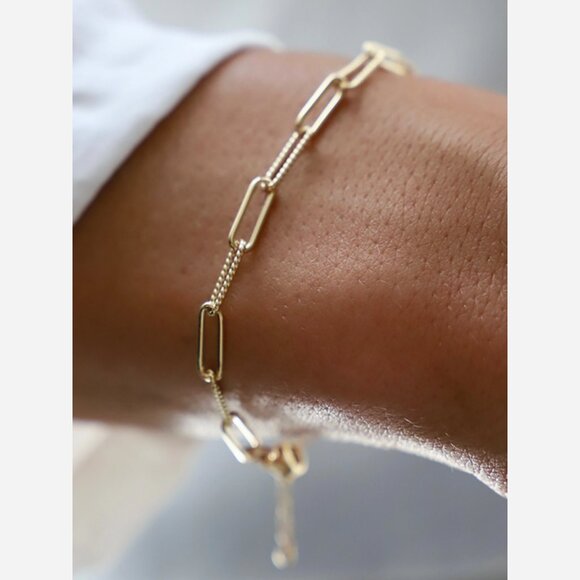 Paperclip Chain Bracelet – Adjustable Gold Overlay with Smooth & Textured Links - Picture 3 of 5